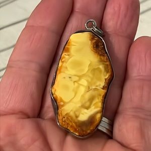 Rare large Baltic Amber Butterscotch Sterling Silver 925 pendant egg yolk